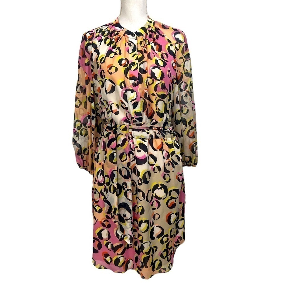 Trina Turk Leopard Animal Print Multi Color Dress Sz 10 Silk Sheer Sleeves